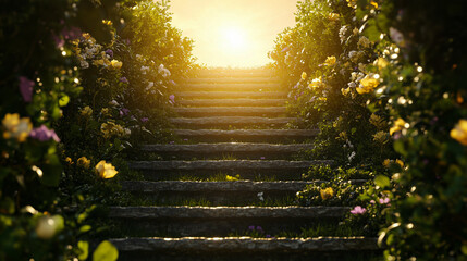 Cinematic view of the Ancient Hanging Gardens of Babylon under glowing sunset light, dramatic shadows and vibrant vegetation, palette of golden amber, deep forest green, legendary wonder concept