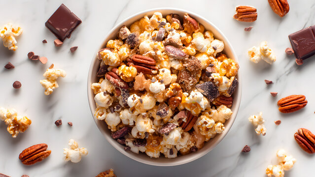 Irresistible caramel popcorn with chocolate and pecans