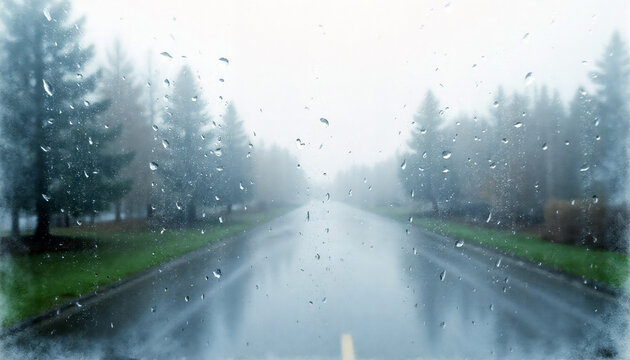 Rainy road surrounded by misty trees, captured through rain-speckled window, evoking moody and serene autumn or winter atmosphere