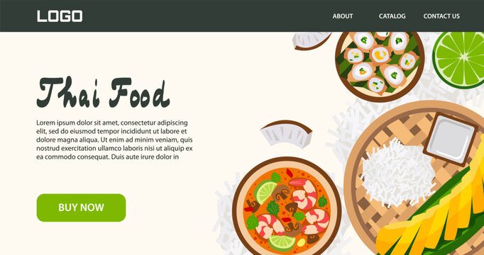Thai food web banner with landing page layout, dishes, rice, soup, sushi, lime. For restaurant websites, online menus, delivery promos and web design.