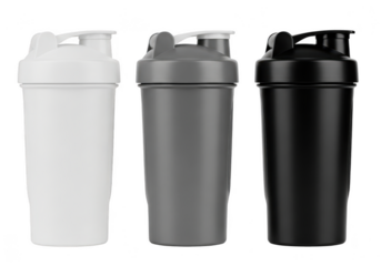 Three shaker bottles for protein shakes isolated on transparent background