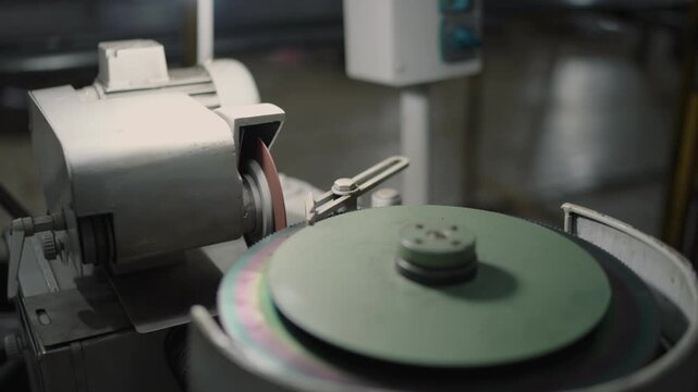 Grinding machine operating, sharpening a tool in an industrial workshop
