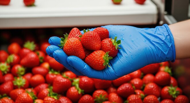 Food manufacturing worker hand in blue glove holding fresh ripe blueberries for quality control inspection in factory
 - Powered by Adobe