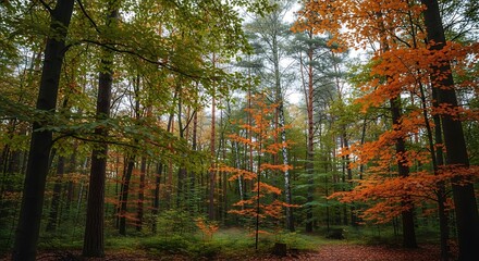 Autumn forest canopy with vibrant orange and green leaves