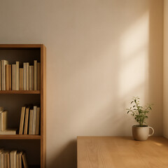minimal cozy interior with wooden bookshelf and small potted plant illuminated by soft natural sunlight creating warm calm atmosphere for reading and relaxation