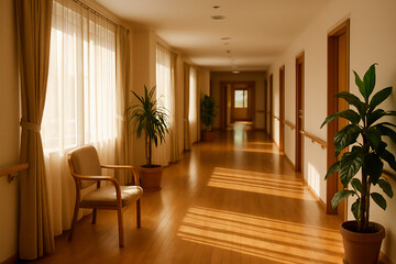 bright hallway in care facility with wooden floor large windows soft curtains and potted plants creating warm welcoming atmosphere ideal for elderly living environments