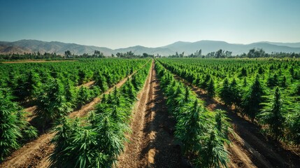 Fototapeta premium Vast outdoor cannabis farm stretches towards distant mountains under the bright sunlight, showcasing agricultural landscape and cultivation efforts, under a clear sky.