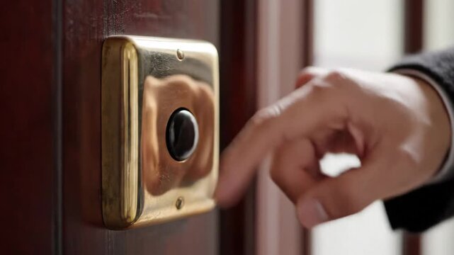 Person pressing a vintage brass doorbell on a dark wooden door indicating arrival or waiting for someone to answer the door at a residential home entrance