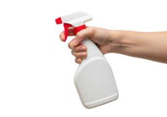 Hand holding a white spray bottle with red trigger isolated on transparent background