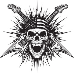 Skull with American Flag Bandana and Electric Guitars Illustration Graphic Art
