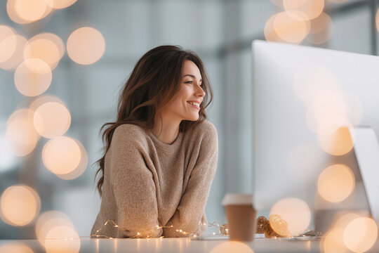 A young woman sits at a desk, smiling in joy as she works on her computer. Soft lights blur in the background, creating a warm atmosphere full of creativity and inspiration