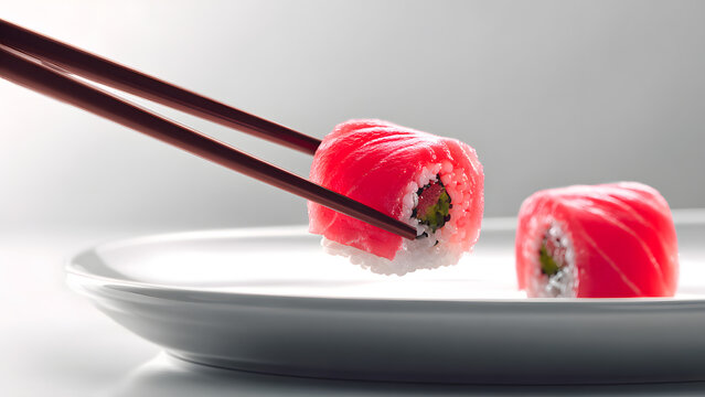 Delicious tuna sushi roll with chopsticks on a plate, ready for a tasty bite now