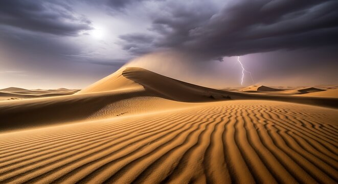 Dramatic desert landscape under a stormy sky with lightning strikes