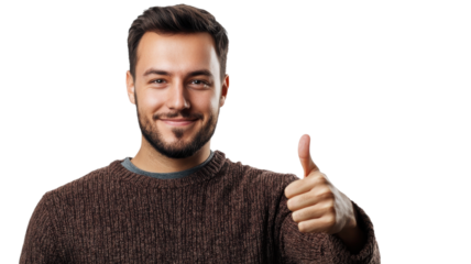 Man smiling and giving a thumbs up while wearing a cozy sweater in a well-lit indoor setting.
