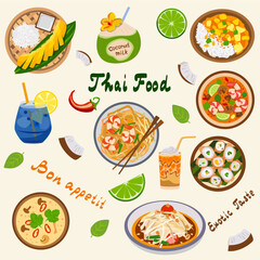 Thai food set with noodles, curries, soups, rice with mango, rolls, coconut drinks and lime slices. For menus, restaurant posters, food blogs and social media.