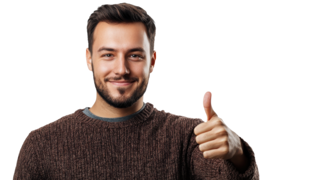 Man smiling and giving a thumbs up while wearing a cozy sweater in a well-lit indoor setting.