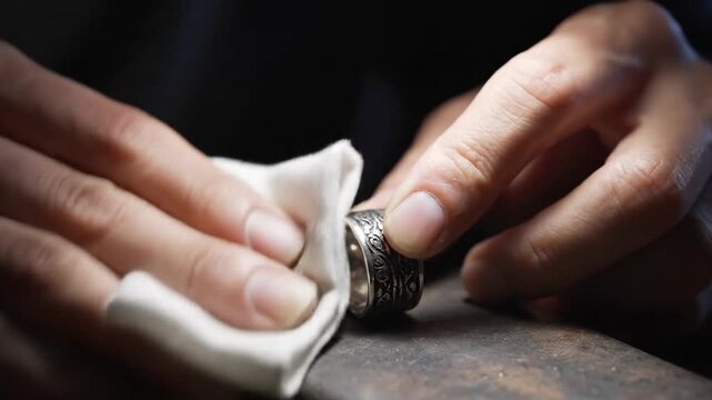 Close up of hands carefully polishing a detailed silver ring with a soft white cloth on a workbench showcasing craftsmanship and attention to detail in jewelry making process