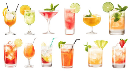 A variety of cocktails with fruits and herbs are arranged neatly, showcasing vibrant colors and textures.