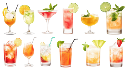 A variety of cocktails with fruits and herbs are arranged neatly, showcasing vibrant colors and textures.