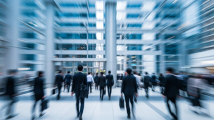 Blurred motion image of a crowd of business people walking in a downtown corporate office setting with a cinematic color tone.