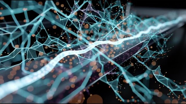 Hyperscaler. Cloud infrastructure technology innovation. Data center. Compute power. Virtualization. Abstract representation of neural network connections with luminous effects.