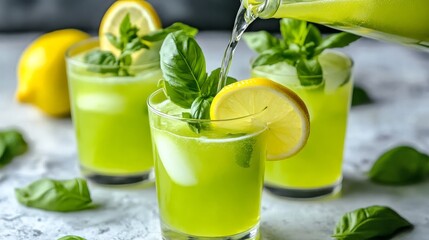 Refreshing basil lemonade served in a glass, garnished with herbs and lemon slices for summer