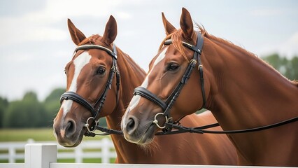 Obraz premium Two Chestnut Horses with Bridles Standing Near White Fence.