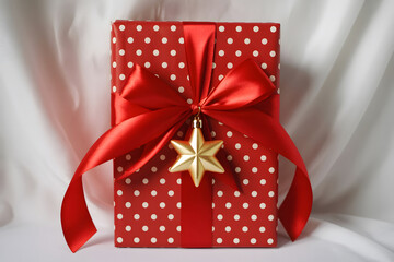 Christmas gift box with red polka dot wrapping and festive ribbon with golden star decoration