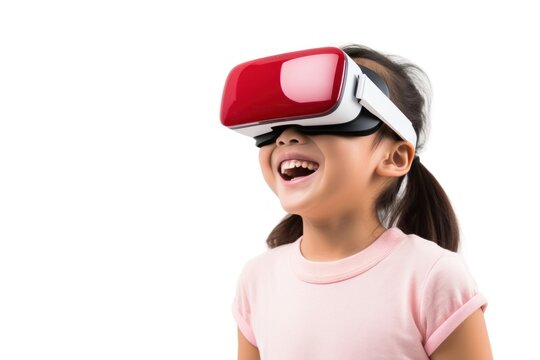 Chinese child using virtual reality headset smiling looking white background.