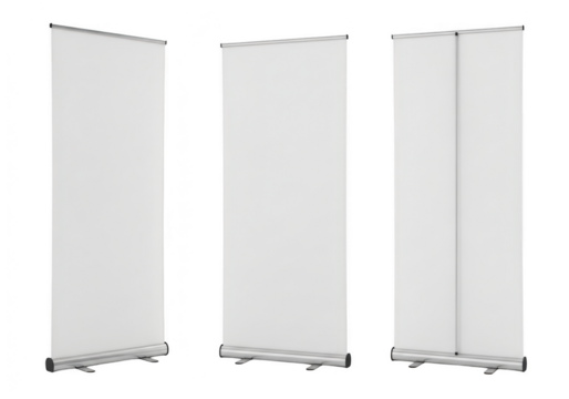 Three blank roll up banner stands isolated on transparent background