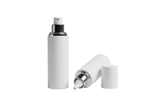 Two white spray bottles and a cap isolated on transparent background