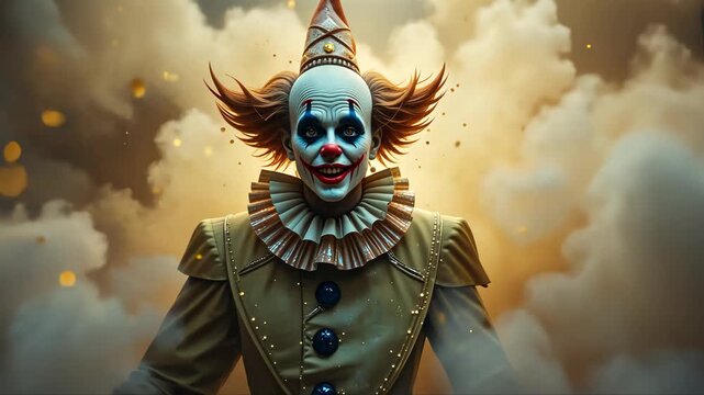 Scary clown with red nose and eerie smile in classic costume stands against smoky yellow background. Horror concept