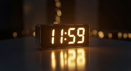 Digital clock displays 11 59 with a warm glow and reflection in the dark