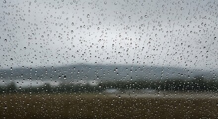 Raindrops on a windowpane with a moody landscape view outside