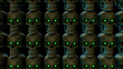 A background of Halloween 3D skulls.
