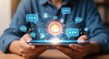 A person holding a smartphone with a glowing holographic display of a social network and communication icons
