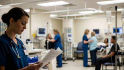 Fototapeta premium Blurred view of a bustling urgent care setting, featuring dedicated nurses and patients receiving attentive medical treatment.