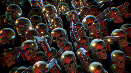 An array of dynamic 3D metallic chattering skulls and guns with glowing ember particles.