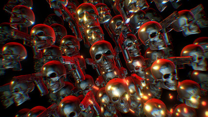An array of dynamic 3D metallic chattering skulls and guns with glowing ember particles.