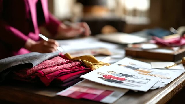 Overhead view of fashion sketches and fabric samples no faces visible design planning fashion illustration textile selection clothing design sketch papers material swatches