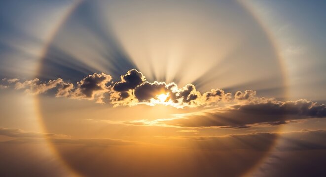 Sunbeams pierce through clouds creating a glorious halo and dramatic rays