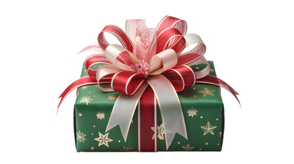 Christmas gift box with green festive wrapping and red white ribbon bow decoration