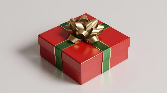 Christmas gift box with red wrapping green ribbon and gold bow decoration