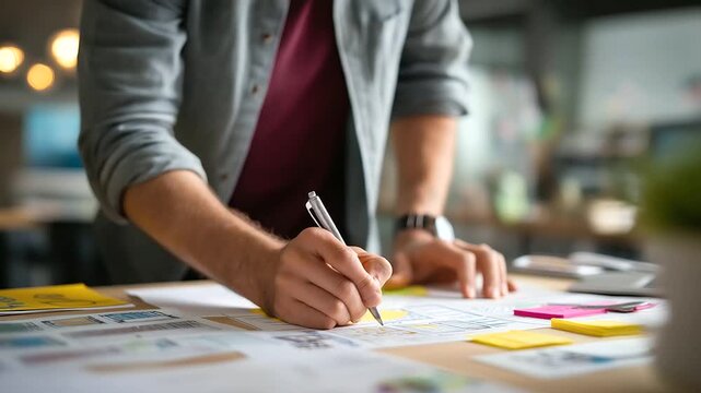 Overhead view of logo sketches scattered on desk no faces visible branding process design concepts logo variations creative brainstorming sketch papers design drafts