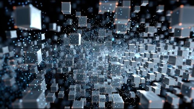 Hyperscaler. Cloud infrastructure technology innovation. Data center. Compute power. Virtualization. Abstract digital cubes in a dynamic, tech-inspired environment.