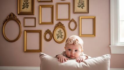 Baby girl with bow headband resting on pillow in front of wall with gold picture frames