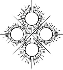 Fototapeta premium Geometric burst icon in black line style featuring symmetrical circles with radiating rays in diamond layout