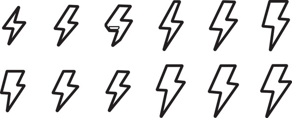 Lightning bolt icon. Flash symbol, thunderbolt, blitz lightnings strike sign.  Collection of lightning bolt icons in various style
