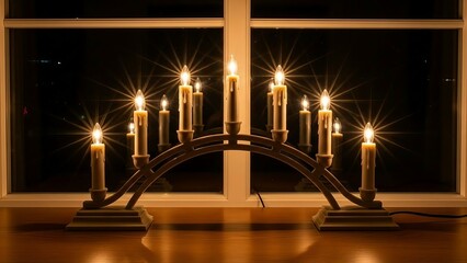 Cozy Christmas cheer with electric candles glowing warmly in front of a window at night