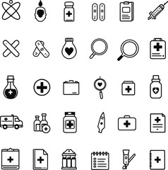 Comprehensive medical icon set in black line style featuring DNA syringe bandage hospital report and diagnostics